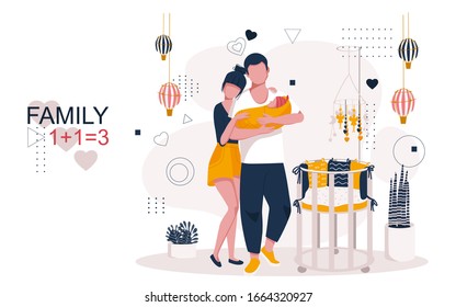 Young parents gently look at their newborn baby. A man's father gently holds a sleeping baby in his arms. A woman's mother lovingly embraces her husband. Stylish vector illustration of family life.