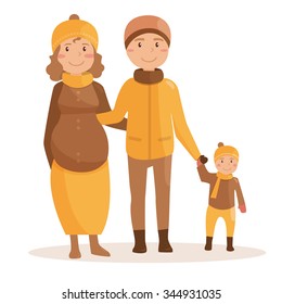 Young parents. Happy family on winter walk. Vector isolated illustration. Cartoon character.