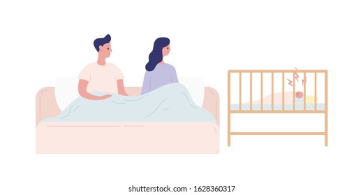 Young parents having sleepless nights with a newborn baby vector flat illustration. Mother and father in bed during insomnia with crying infant isolated on white. Parenthood and care concept