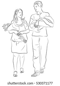 young parents holding the baby in her arms and embrace. Illustration on the theme of the birth of children, love, parents' worries. Pencil drawing