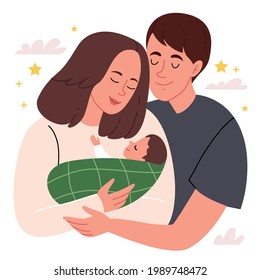 Young parents holding a child. Concept of a happy family. Parenthood. The beginning of a new life. Flat illustration in pastel colors. Simple Hand drawn illustration.