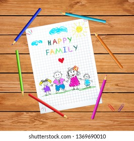 Young Parents Holding Hands of Children. Happy Family Day Greeting Card on Wooden Table Background with Colored Pencils Around. Doodle Style. Baby Drawings Cartoon Hand Drawn Vector Illustration.