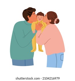 Young parents hug and kiss baby. Happy family. Vector hand drawn illustration in flat style. Isolated on white background.