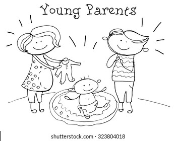 Young parents. Kids Health. Graphics sketch in vector.