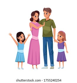 young parents with little daughters characters vector illustration design