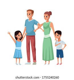 young parents with little son and daughter characters vector illustration design