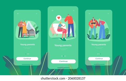 On-Board-Bildschirmvorlage für mobile App von jungen Eltern. Liebe Mutter und Vater mit Kind. Familiencharakter, die Kinder an Händen halten, Liebes-Elternhaus-Konzept. Vektorgrafik von Cartoon People
