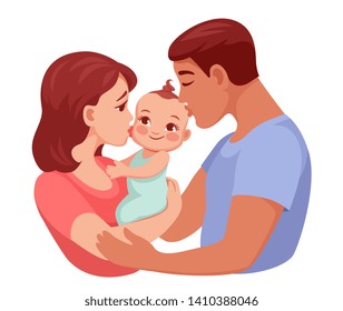 Young Parents, Mom And Dad, Holding The Baby And Kiss Him