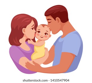 young parents, mom and dad, holding the baby and kiss him