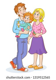 Young parents. Mom and dad with a little daughter in his arms. In cartoon style. Isolated on white background. Vector illustration.