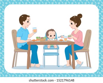 Young parents, mom and dad and their baby eating together. Vector illustration.