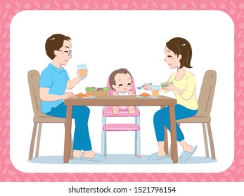 Young parents, mom and dad and their baby eating together. Vector illustration.