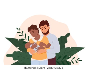 Young parents and new born child in hands. Happy mother holding infant and father together. Parenthood concept. Vector illustration isolated on white background