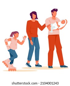 Young parents with newborn baby and teen child, flat vector illustration isolated on white background. Family couple with children walking together.