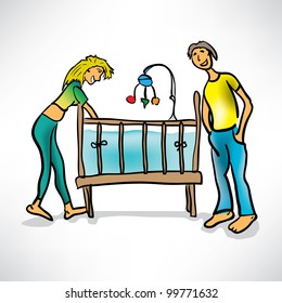 young parents next to the baby's crib