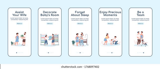 Young parents onboarding mobile app screen flat vector template. Child care and parenthood. Walkthrough website steps with characters. UX, UI, GUI smartphone cartoon interface, case prints set