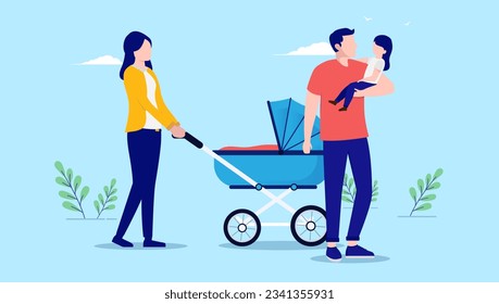 Young parents outdoors - Couple with baby stroller and child walking outside, flat design vector illustration with blue background