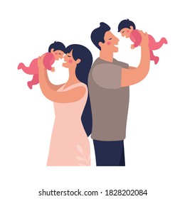 Los padres jóvenes juegan con mellizos. Feliz papá y mamá tienen niños en sus brazos. Ilustración vectorial plana en estilo de dibujos animados.