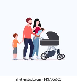 young parents pushing stroller walking with children happy family having fun together parenthood concept flat full length