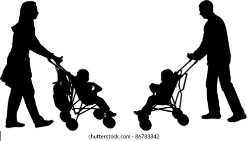 young parents pushing strollers