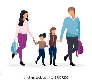 Young parents with school children flat vector illustration. Family going to school together and holding hands cartoon characters. Father and mother with two preteen kids. Schoolboy and schoolgirl