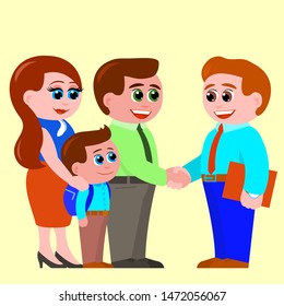 Young parents and a small son with a backpack get acquainted with a school teacher a man. Everyone is very happy. Vector illustration in cartoon style on a yellow background.