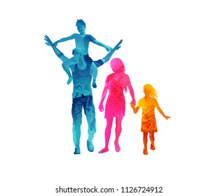 Young parents spending the day out relaxing and walking with their children. Vector illustration.