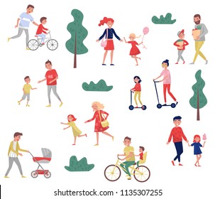 Young parents spending time with their kids. Outdoor activities. Family day. Happy childhood. Flat vector set