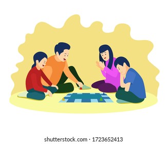 Young parents with their children sitting on the floor and playing together board game at home. Family vacation concept. Vector cartoon illustration isolated on white background