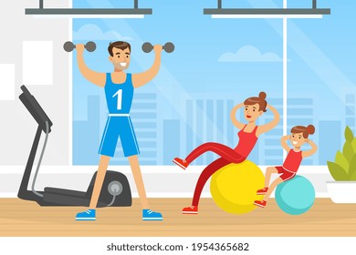 Young Parents and Their Daughter Doing Physical Exercise in Gym with Fitball and Dumbbell Vector Illustration