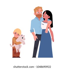Young parents and their son with his pet dog hugging and looking at each other isolated on white background. Happy loving family smiling and staying together. Vector illustration in cartoon style.