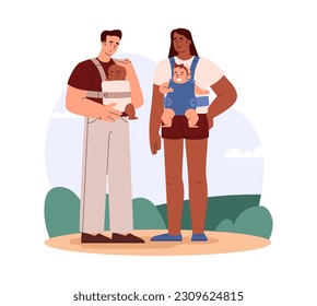 Young parents walking with baby in sling, flat cartoon vector illustration isolated on white background. Newborn baby in sling feeling love and protection from parents.