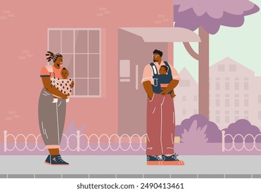 Young parents walking with baby in sling on the street. Cartoon African parents with infant, toddler in baby carrier wrap. Vector flat family illustration, happy healthy parenthood