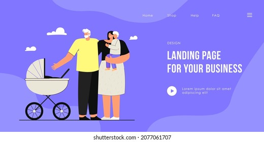 Young parents walking with little children. Flat vector illustration. Mom holding their son in her arms, and dad reaching for carriage where little daughter lying. Family, parenthood, leisure concept