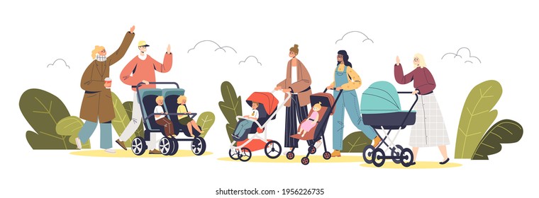 Young parents walking with newborn and preschool kids in carriages and strollers in park. Happy families with small children outdoors. Cartoon flat vector illustration