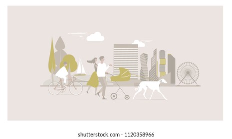 Young parents walking and pushing a stroller in the city. Mother strolling with newborn with pram outdoors. Girl with carriage, dog. Cityscape, bike, trees on the background. Vector illustration.