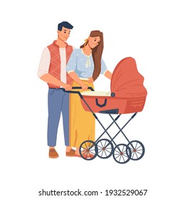 Young parents walking with stroller, flat cartoon people. Vector happy family having fun together, newborn toddler in carriage, mother and father, son or daughter isolated on white, lovely couple