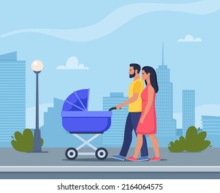 Young parents walking with stroller. Happy family having fun together, newborn toddler in carriage. Mother and father with baby stroller walks through the city. Colorful vector illustration