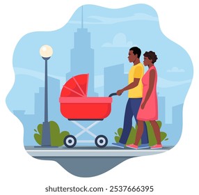 Young parents walking with stroller. Happy family having fun together, newborn toddler in carriage. Mother and father with baby stroller walks through the city. Colorful vector