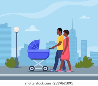 Young parents walking with stroller. Happy family having fun together, newborn toddler in carriage. Mother and father with baby stroller walks through the city. Colorful vector