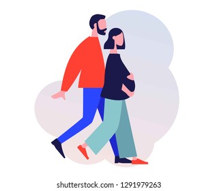 Young parents walking together. Birth partnership. Couple expecting baby. Flat vector illustration of growing family and happy pregnancy.