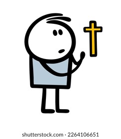 A young parishioner prays in the Church of Jesus Christ Vector illustration of a religious man and cross.
