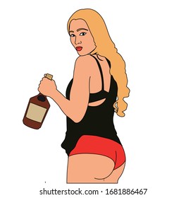 Young Party Girl With Bottle Drinking 