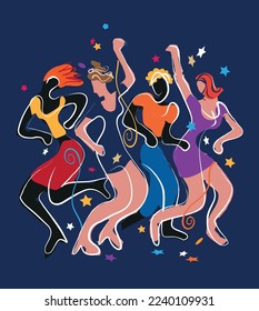 Young party people dancing in disco club,New Year celebration.
Expressive colorful illustration of lively dancing people on blue background. Vector available.