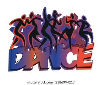 Young party people, disco dance troupe. 
Expressive illustration of black silhouettes of dancing people with DANCE inscription. Isolated on white background. Vector available.