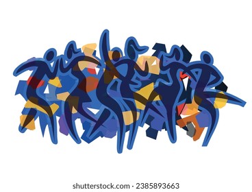 
Young party people, disco dancing. 
Expressive illustration of black silhouettes of dancing people on colorful background. Vector available.