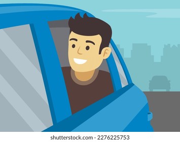 El pasajero joven se inclina por la ventana trasera del coche. El personaje masculino se pone en peligro por la cabeza desde la ventana del auto. Vista de cierre. Plantilla de ilustración vectorial plana.