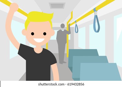 Young passenger riding by bus / flat editable vector illustration, clip art