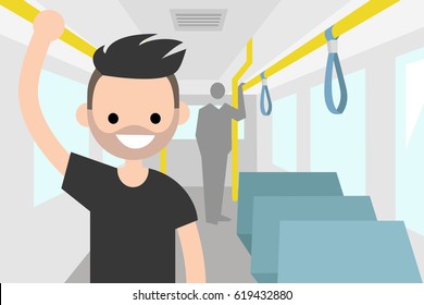 Young Passenger Riding By Bus / Flat Editable Vector Illustration, Clip Art