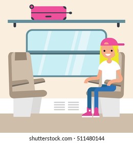 Young passenger sitting in the train compartment / editable flat vector illustration